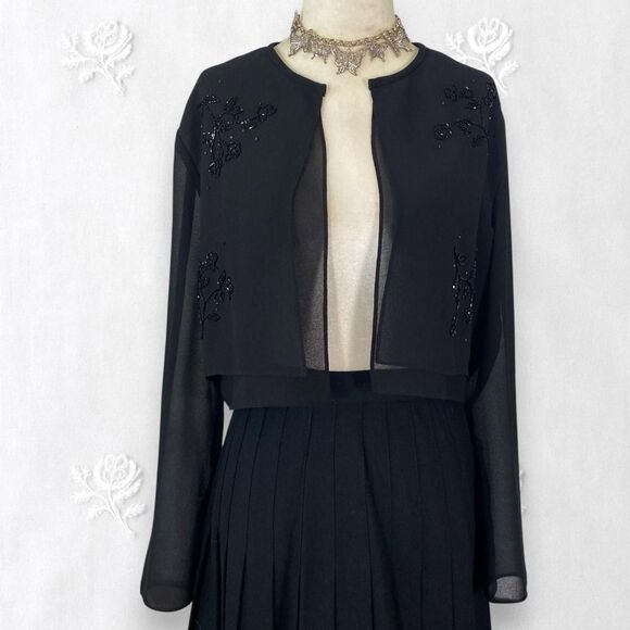 After Dark Jackets & Blazers - Vintage Whimsygoth Black Sheer Cropped Sequin Beaded Open Front Mesh Cardigan M